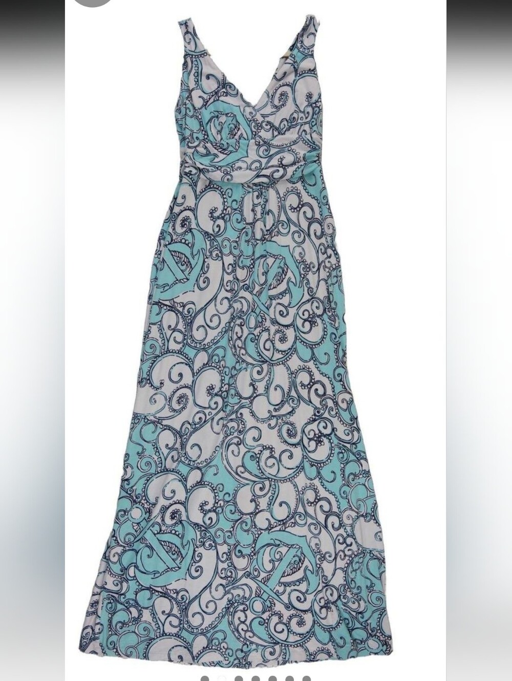 Lilly Pulitzer Maxi Aqua, White and Navy Swirl Print Maxi Dress
